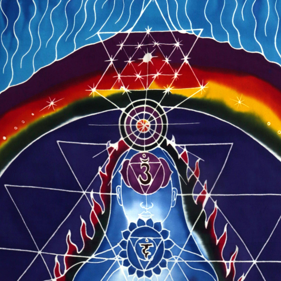 Batik Rayon Chakra-Themed Wall Hanging from Bali - Transcendent Chakras