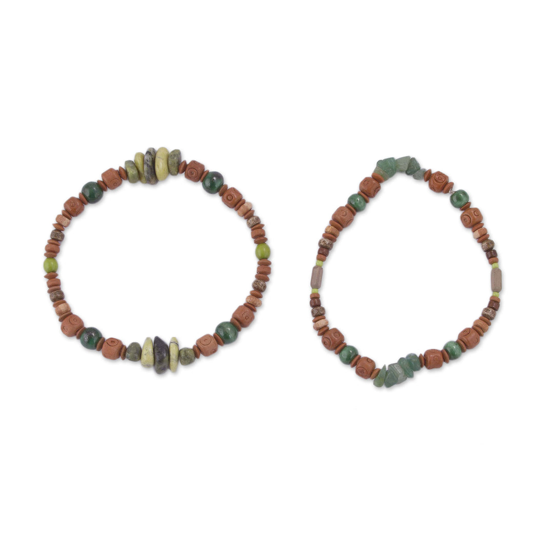 Two Ceramic Beaded Bracelets with Agate and Serpentine - Wind and Earth