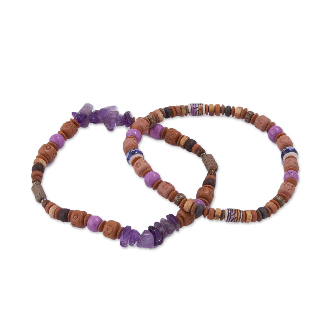 Two Amethyst and Ceramic Beaded Stretch Bracelets from Peru - Andean Joy