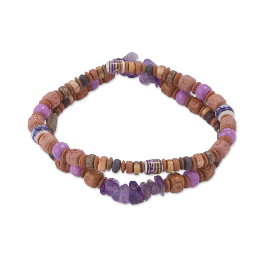 Two Amethyst and Ceramic Beaded Stretch Bracelets from Peru - Andean Joy