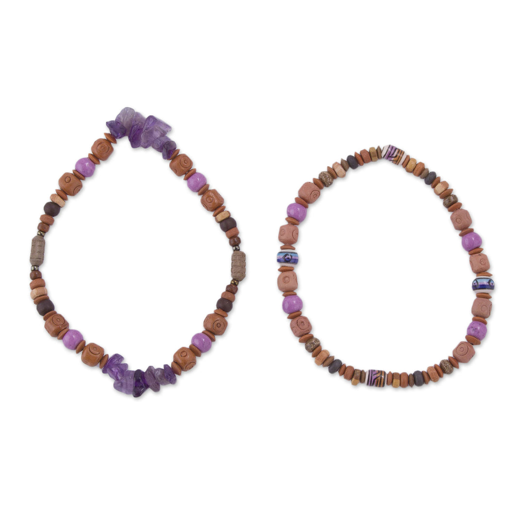 Two Amethyst and Ceramic Beaded Stretch Bracelets from Peru - Andean Joy