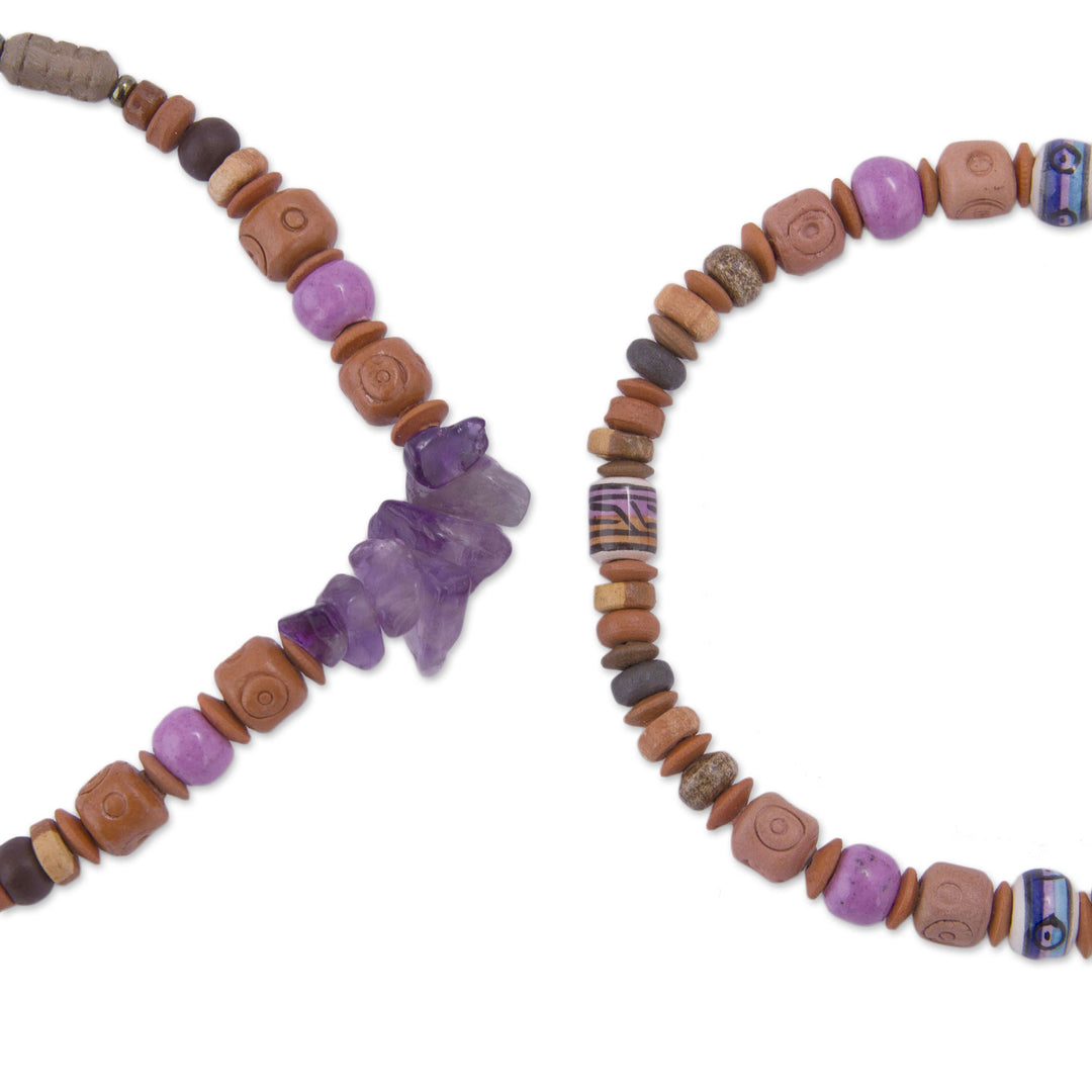 Two Amethyst and Ceramic Beaded Stretch Bracelets from Peru - Andean Joy