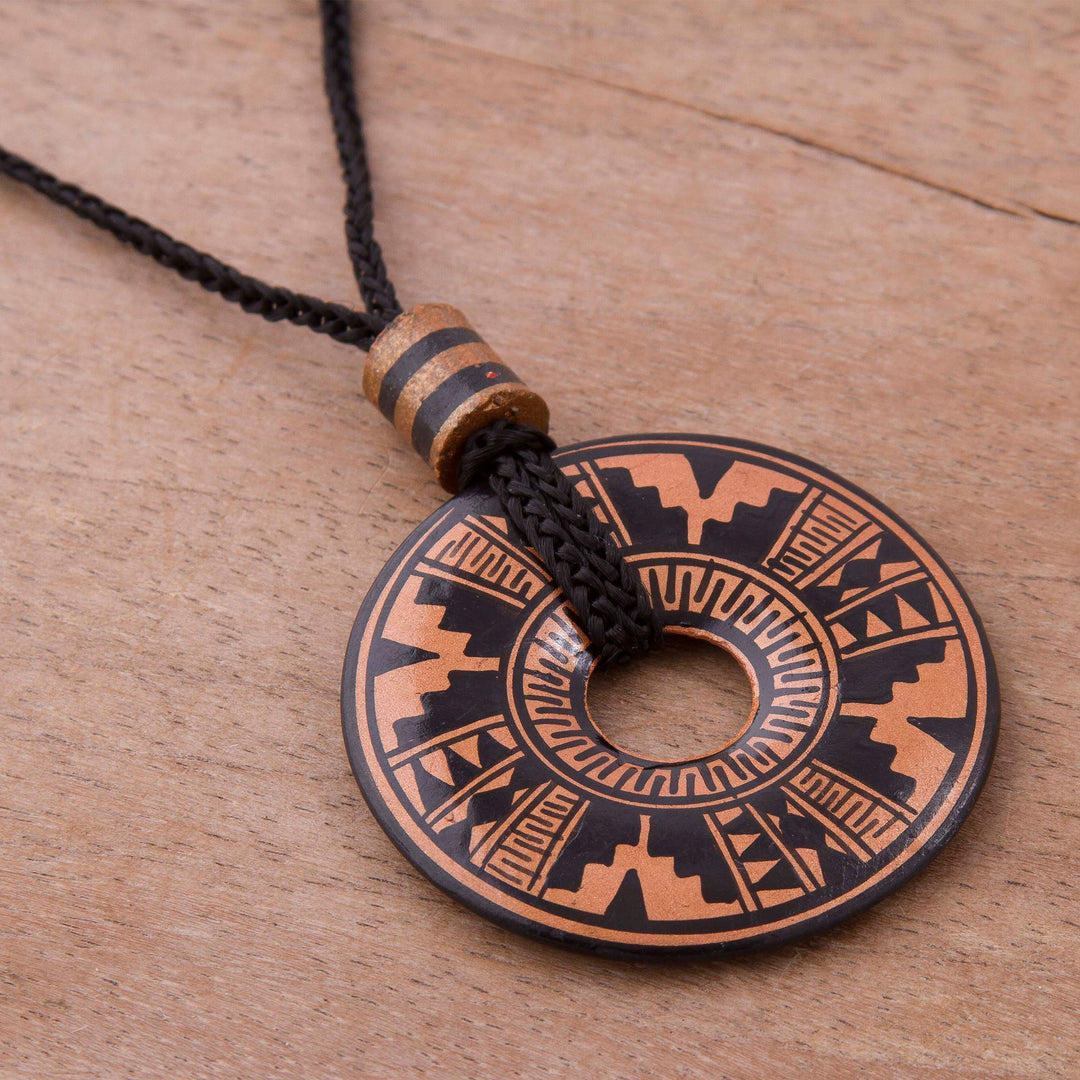 Peruvian Ceramic Pendant Necklace in Black and Copper Colors - Copper Queen