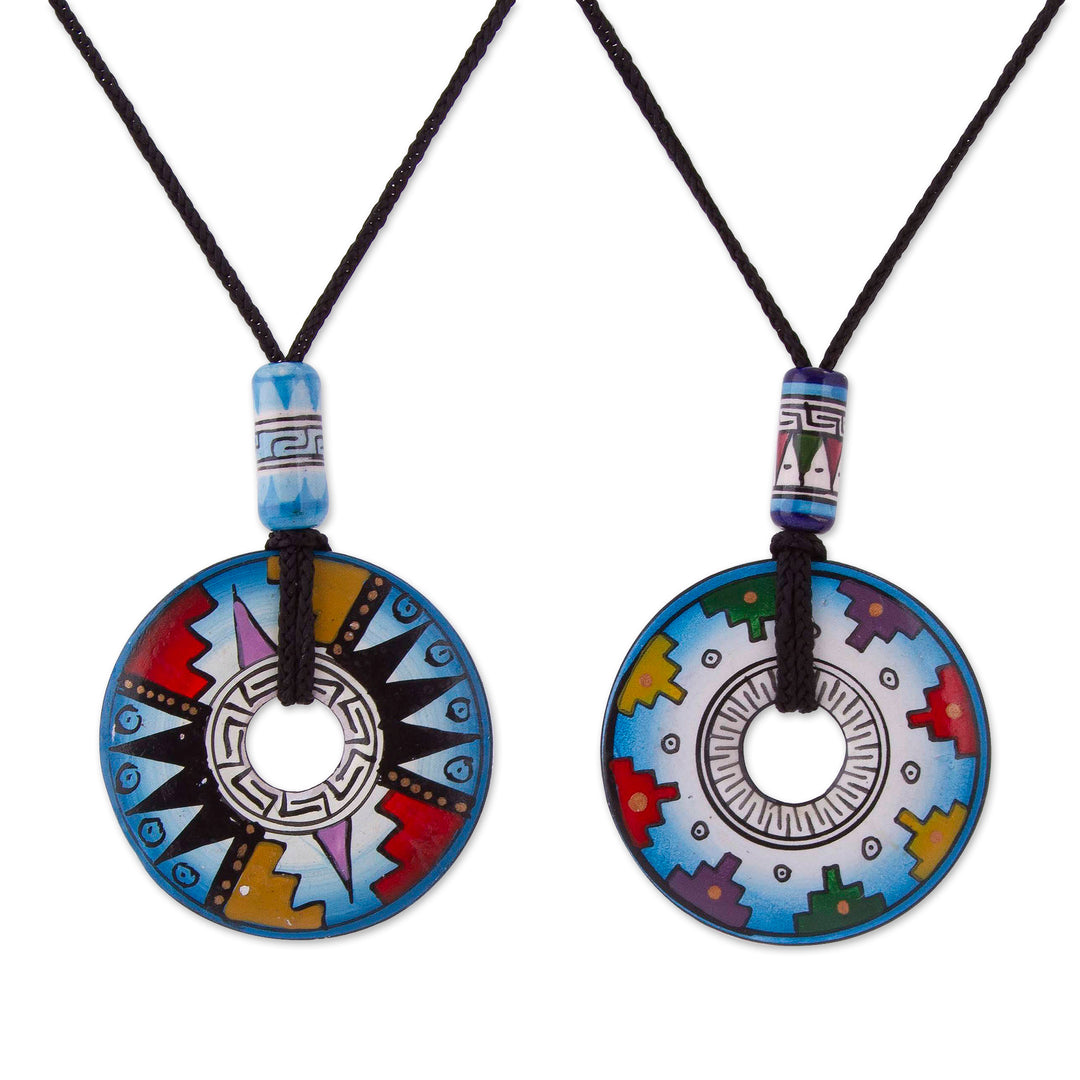 Pair of Blue and White Geometric Ceramic Pendant Necklaces - Evening Fiesta