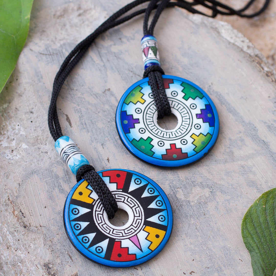 Pair of Blue and White Geometric Ceramic Pendant Necklaces - Evening Fiesta