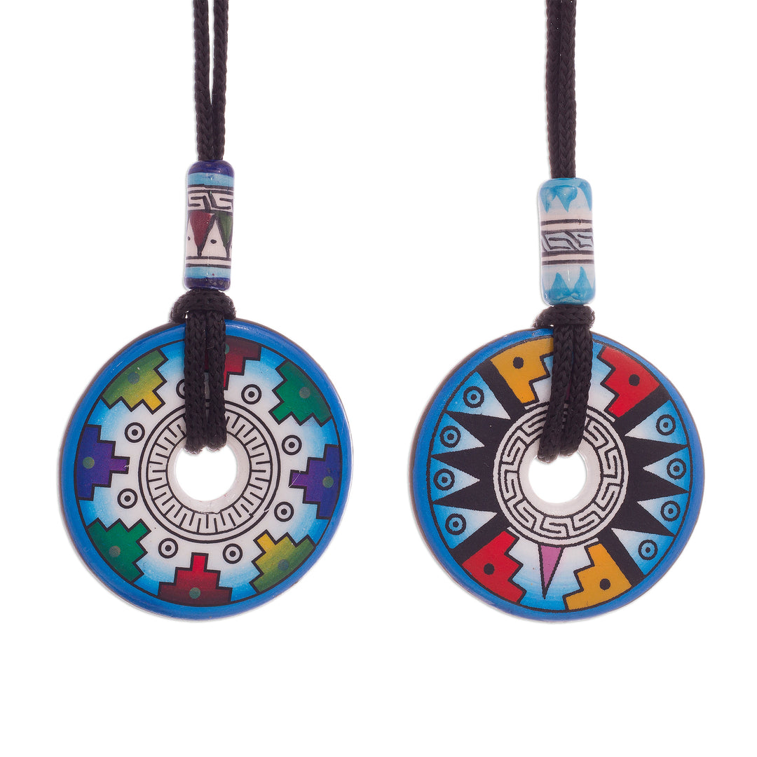 Pair of Blue and White Geometric Ceramic Pendant Necklaces - Evening Fiesta