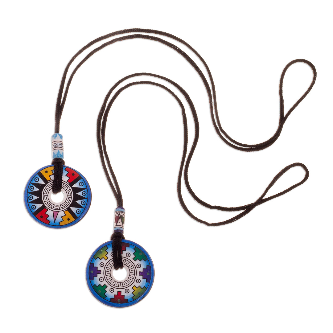 Pair of Blue and White Geometric Ceramic Pendant Necklaces - Evening Fiesta