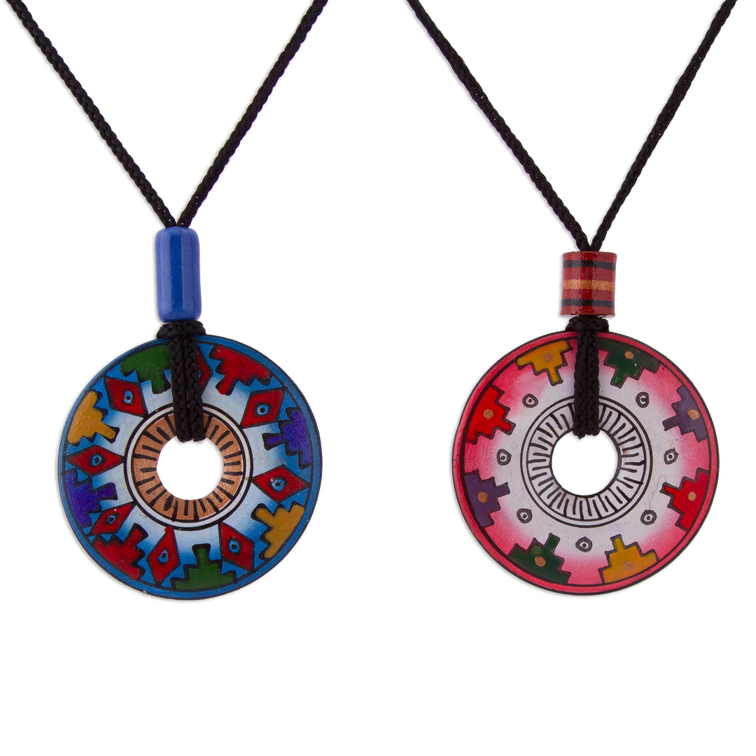 Hand Painted Pink and Blue Ceramic Pendant Necklaces (pair) - You and I