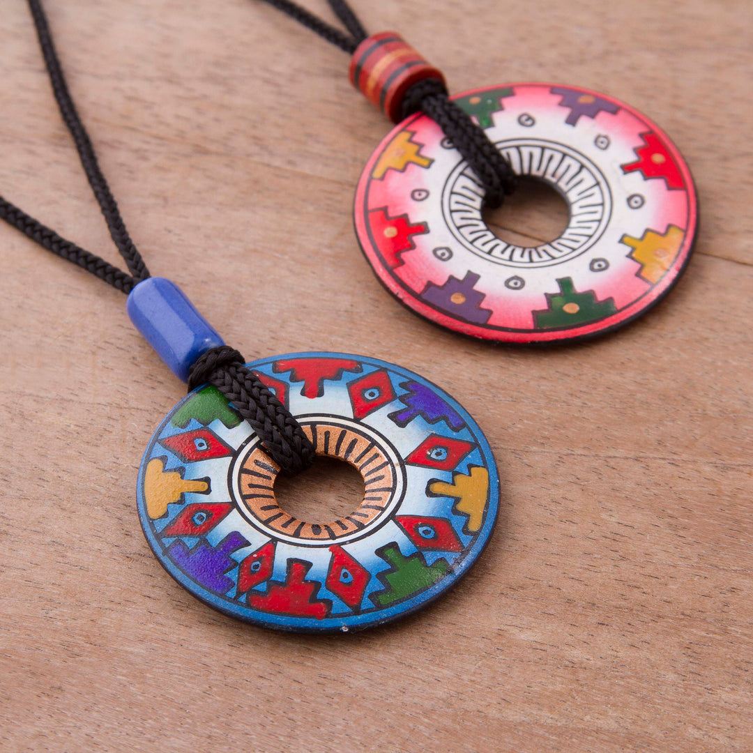 Hand Painted Pink and Blue Ceramic Pendant Necklaces (pair) - You and I