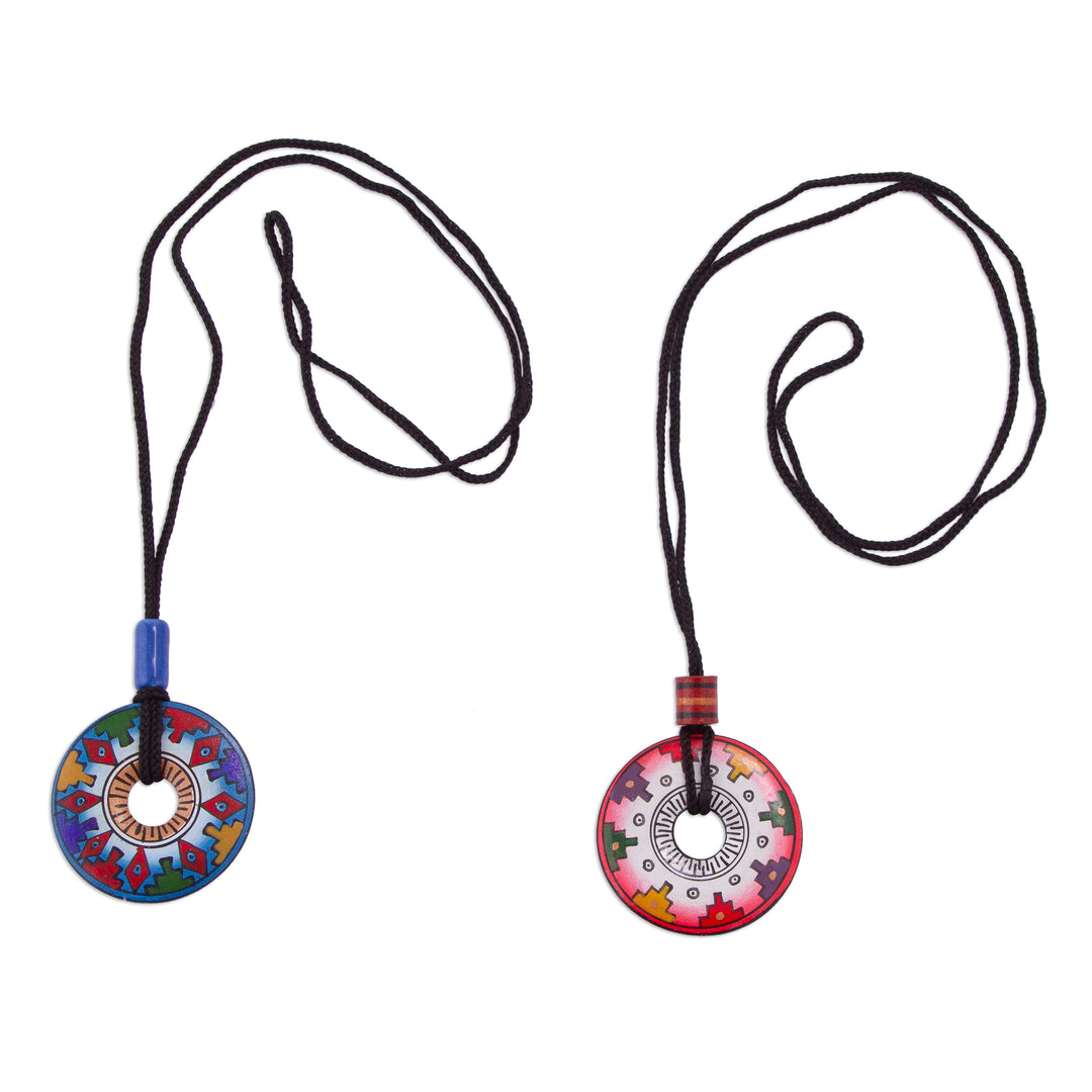 Hand Painted Pink and Blue Ceramic Pendant Necklaces (pair) - You and I