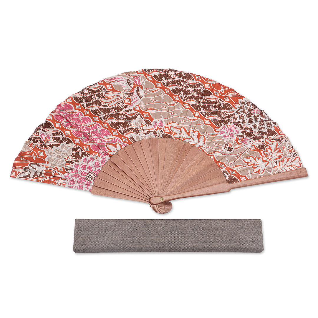 Handcrafted Printed Batik Silk and Pinewood Fan from Bali - Nature of Parang