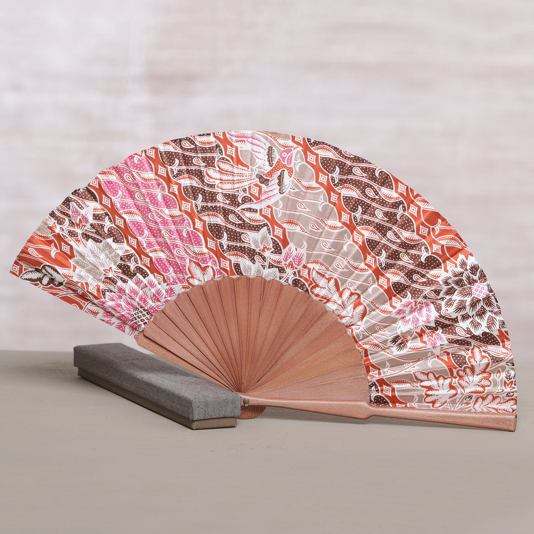Handcrafted Printed Batik Silk and Pinewood Fan from Bali - Nature of Parang