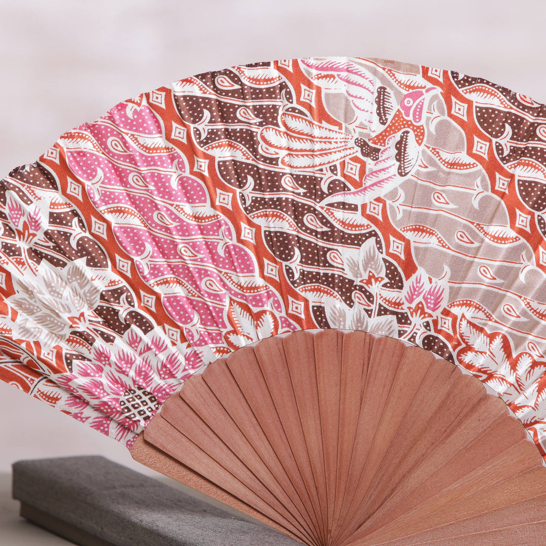 Handcrafted Printed Batik Silk and Pinewood Fan from Bali - Nature of Parang