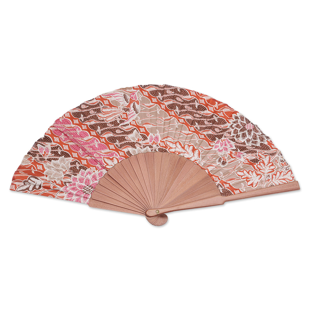 Handcrafted Printed Batik Silk and Pinewood Fan from Bali - Nature of Parang