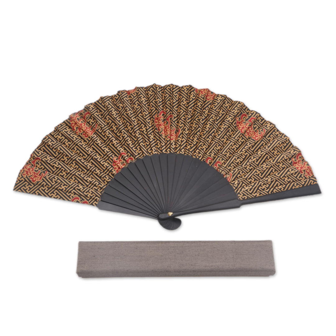 Handcrafted Printed Batik Silk and Pinewood Fan from Bali - Eternal Maze