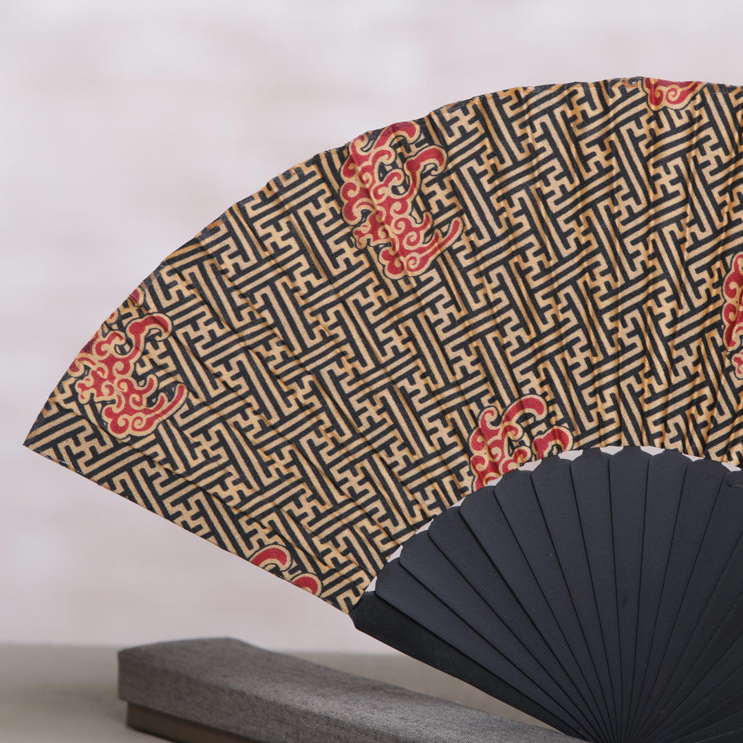 Handcrafted Printed Batik Silk and Pinewood Fan from Bali - Eternal Maze