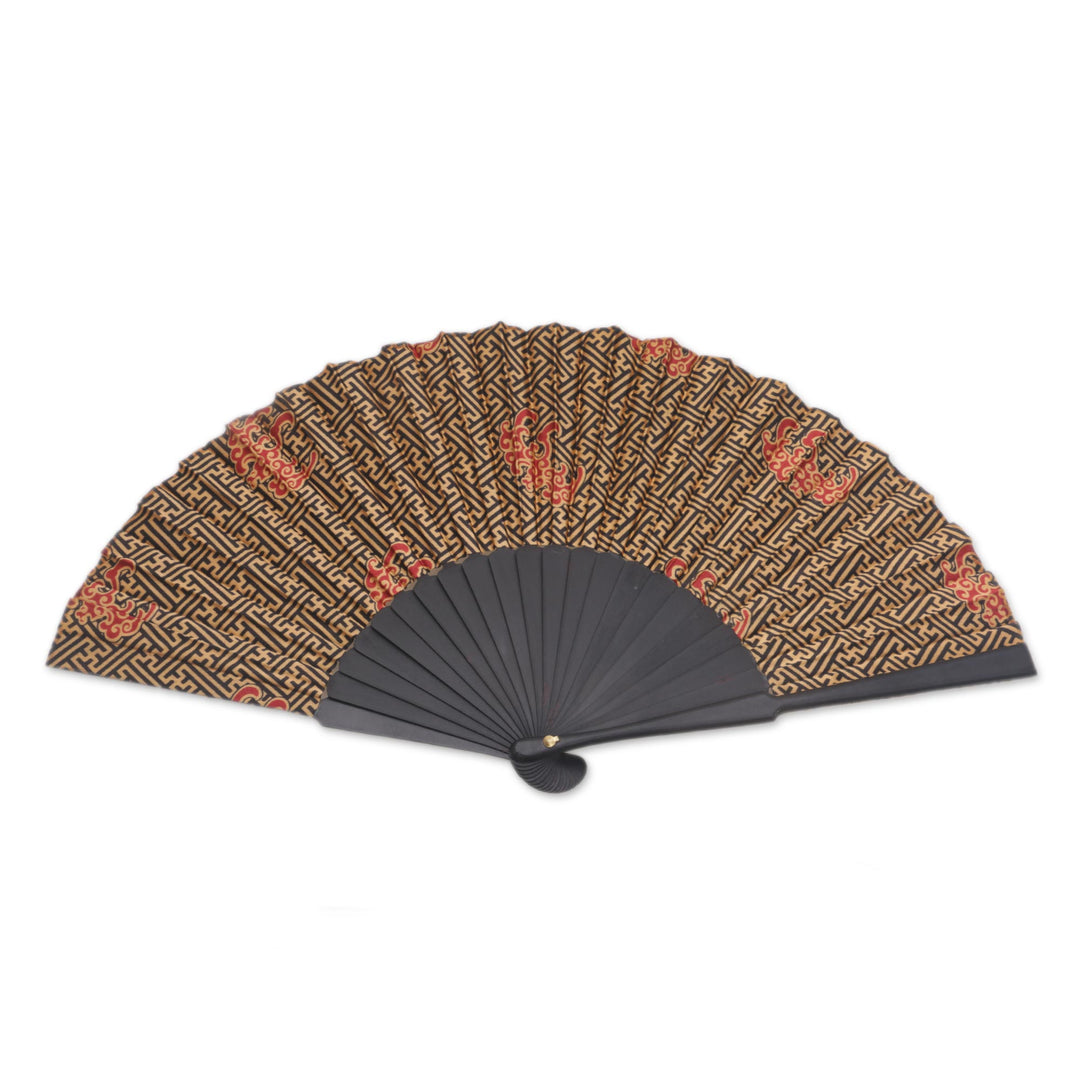 Handcrafted Printed Batik Silk and Pinewood Fan from Bali - Eternal Maze