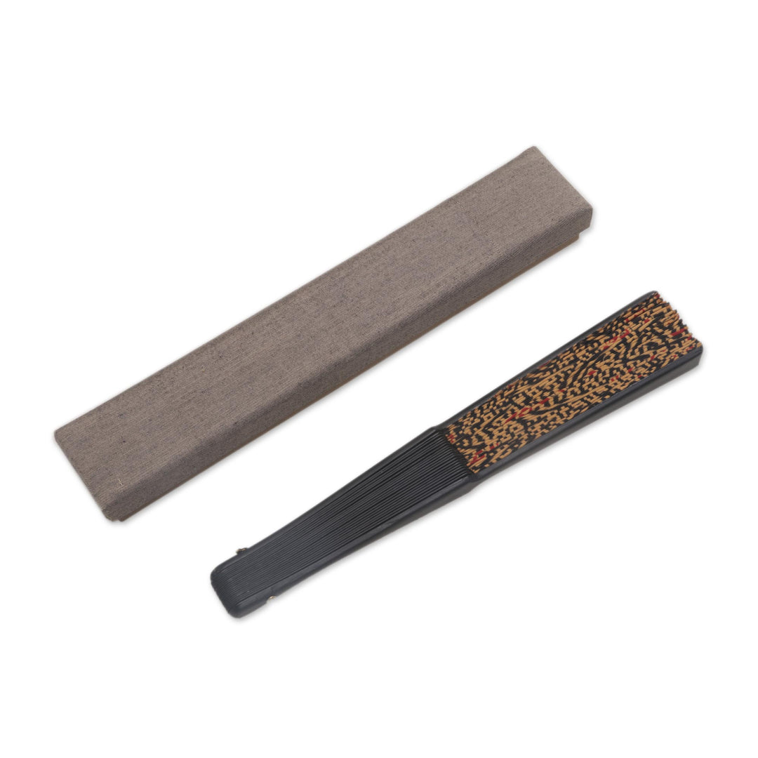 Handcrafted Printed Batik Silk and Pinewood Fan from Bali - Eternal Maze