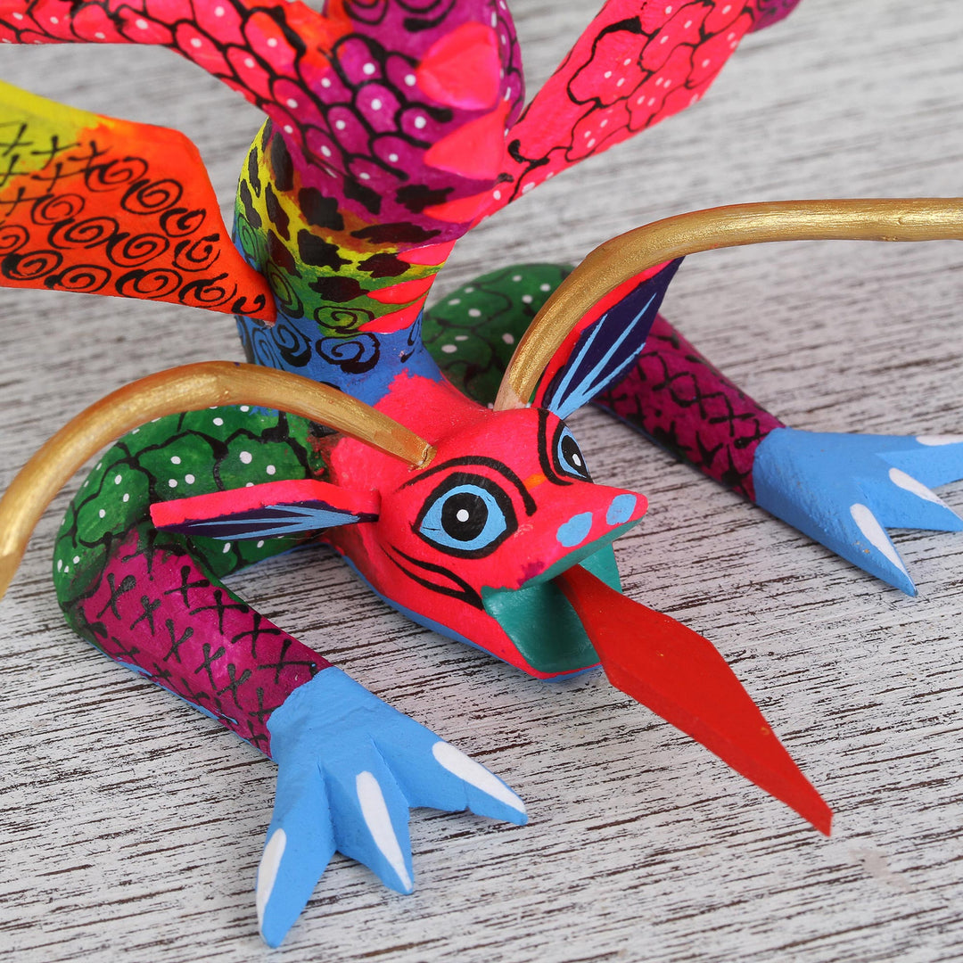 Colorful Hand Carved and Painted Dragon Alebrije Figurine - Acrobatic Dragon