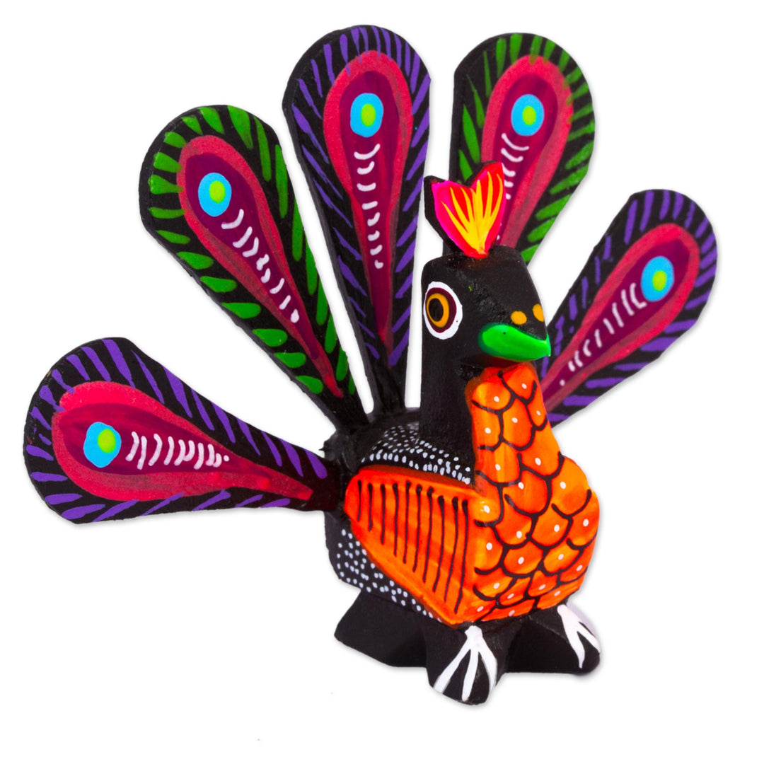 Hand-Painted Alebrije Wood Peacock Sculpture from Mexico - Colorful Peacock