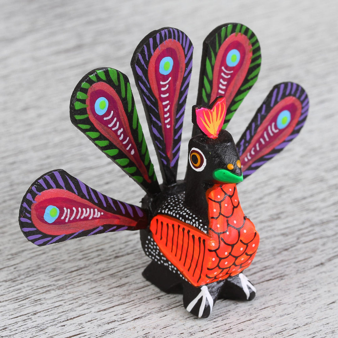 Hand-Painted Alebrije Wood Peacock Sculpture from Mexico - Colorful Peacock