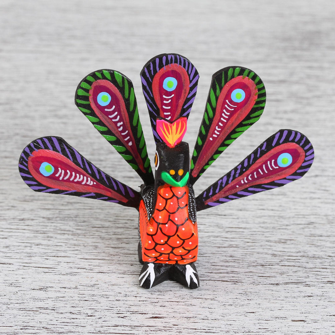 Hand-Painted Alebrije Wood Peacock Sculpture from Mexico - Colorful Peacock