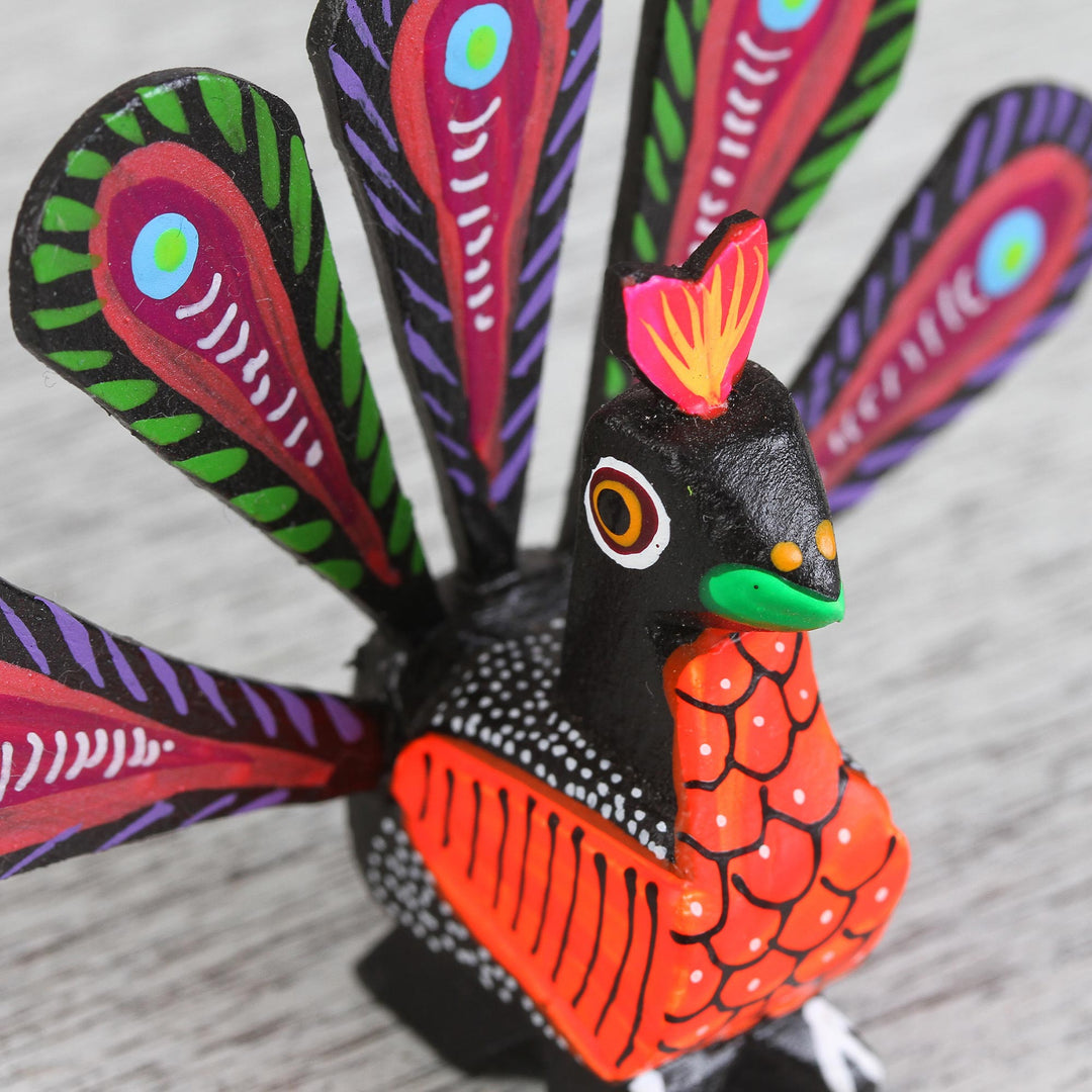 Hand-Painted Alebrije Wood Peacock Sculpture from Mexico - Colorful Peacock