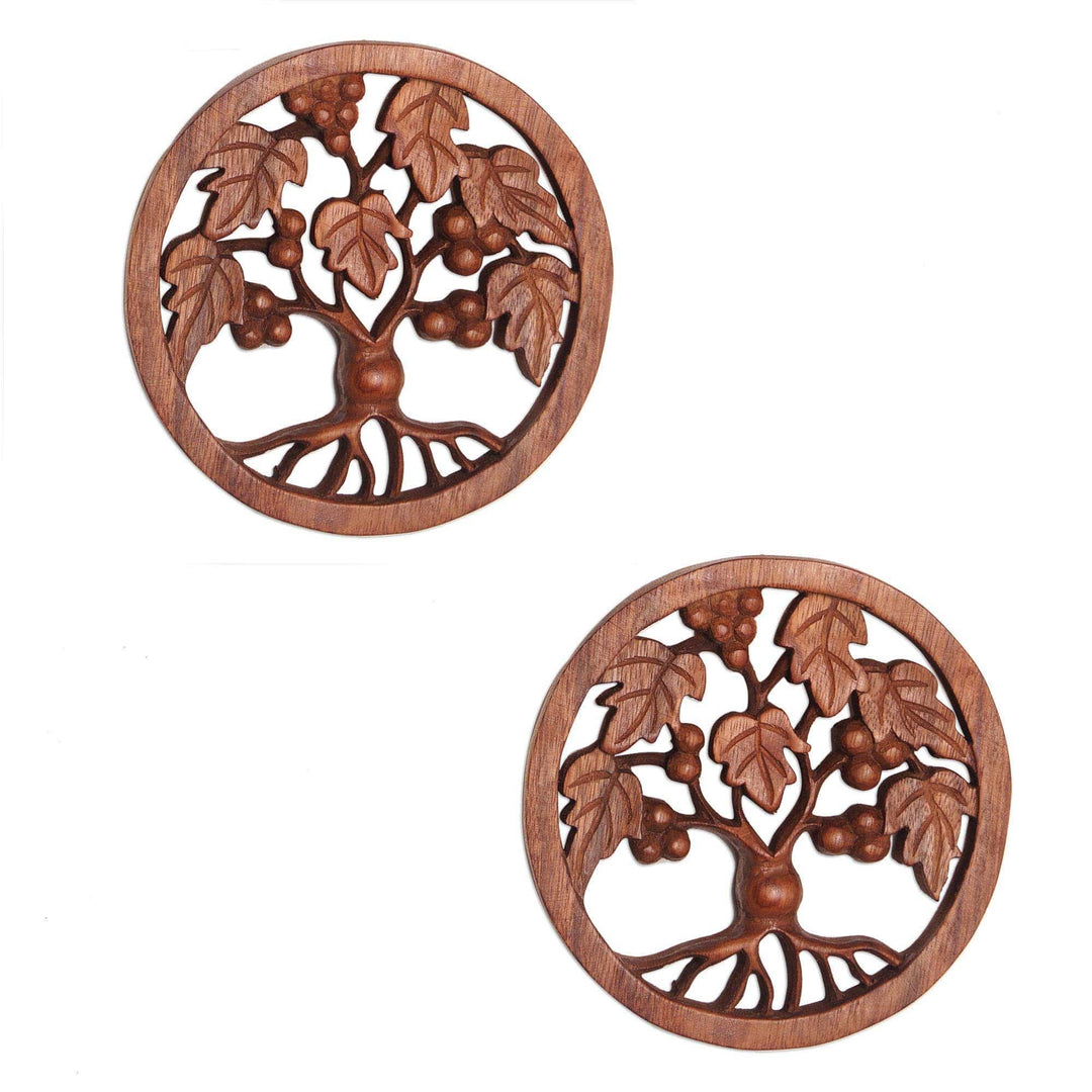 Tree-Themed Suar Wood Relief Panels (Pair) from Bali - Berry Trees