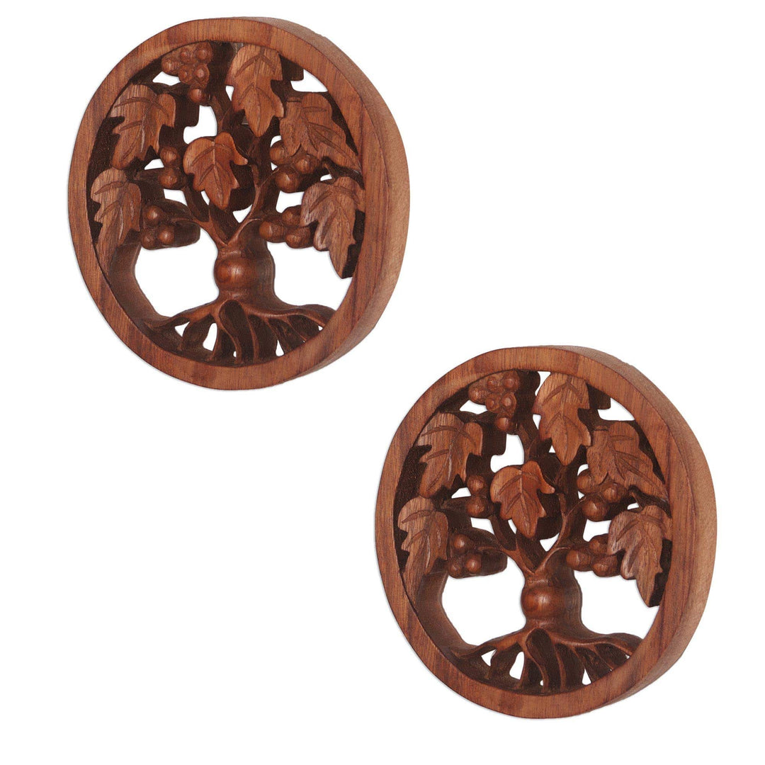 Tree-Themed Suar Wood Relief Panels (Pair) from Bali - Berry Trees