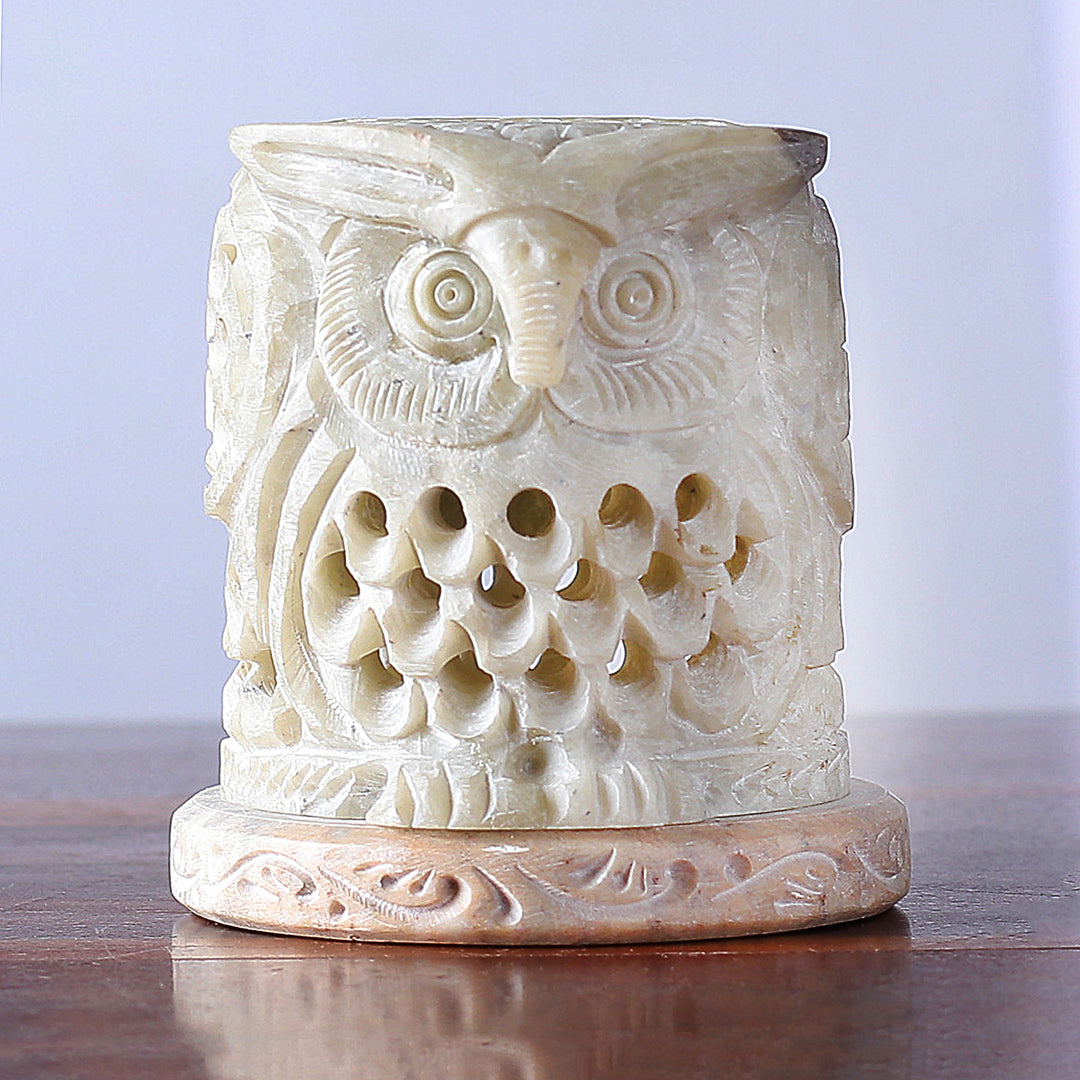 Hand Carved Soapstone Owl Tealight Candle Holder - Up Owl Night