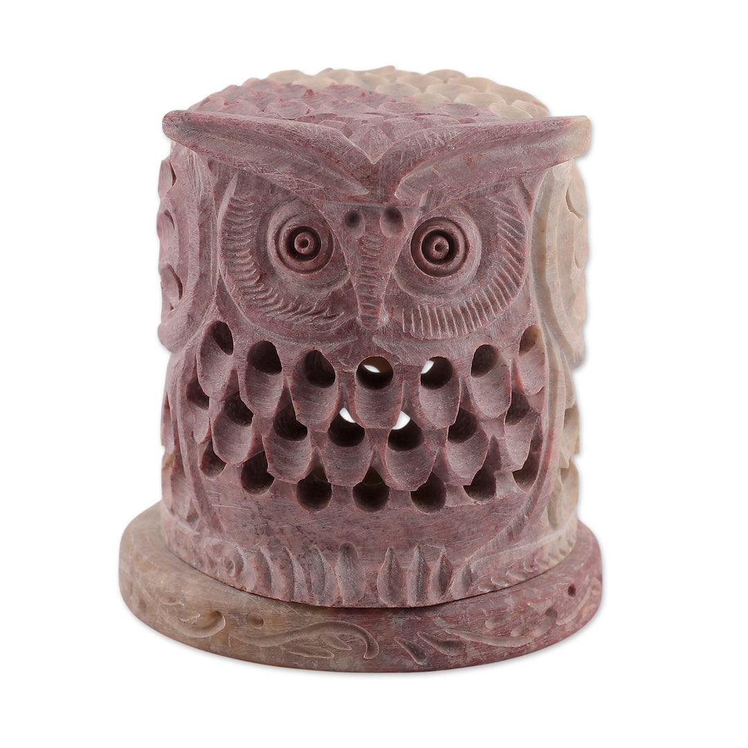 Hand Carved Soapstone Owl Tealight Candle Holder - Up Owl Night