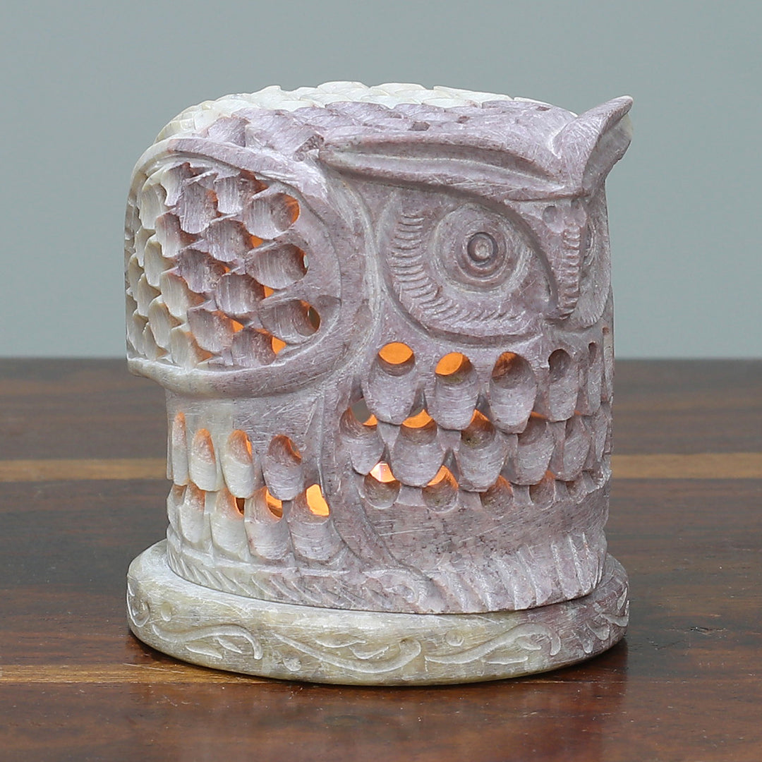 Hand Carved Soapstone Owl Tealight Candle Holder - Up Owl Night
