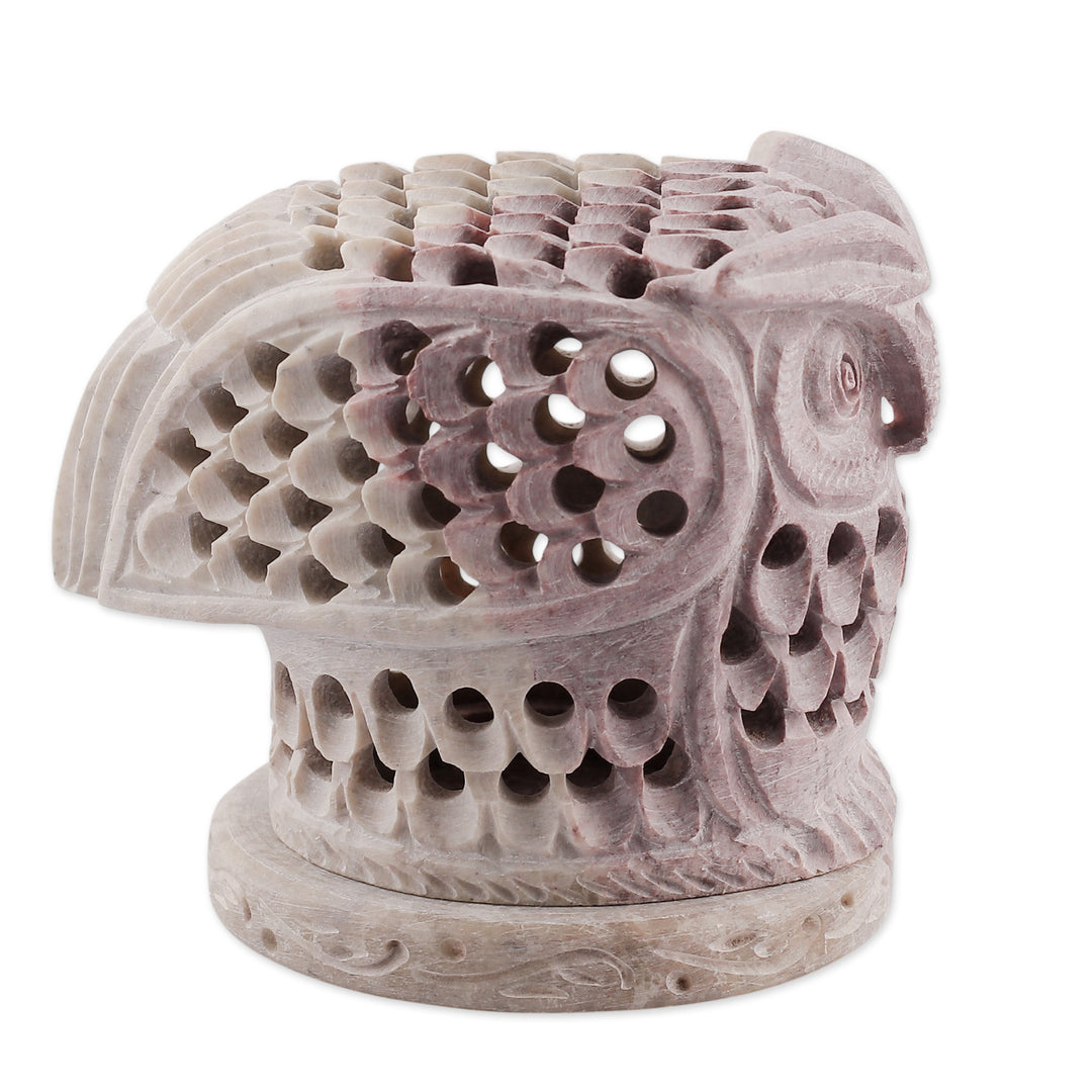 Hand Carved Soapstone Owl Tealight Candle Holder - Up Owl Night