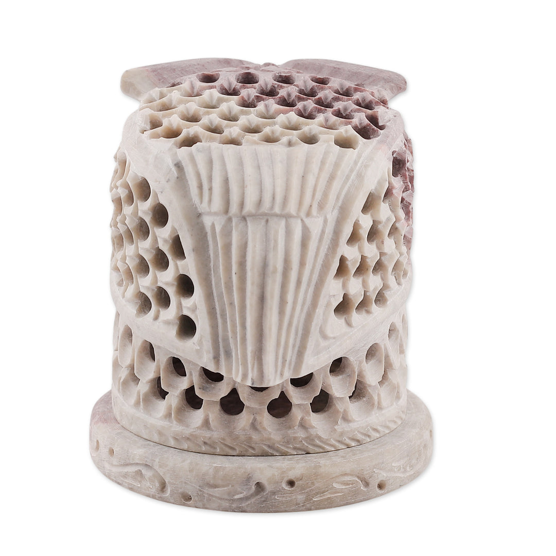 Hand Carved Soapstone Owl Tealight Candle Holder - Up Owl Night