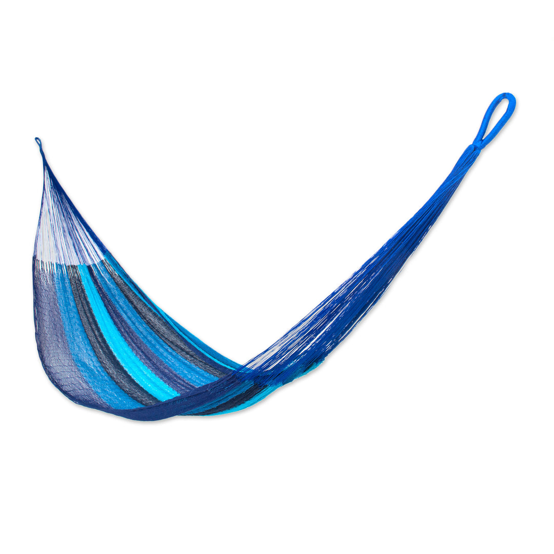 Hand Crafted Blue Striped Nylon Rope Single Hammock - Afternoon Breeze
