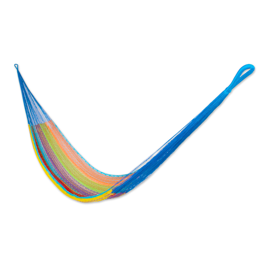 Hand Crafted Multi-Color Striped Nylon Double-Sized Hammock - Beach Breeze