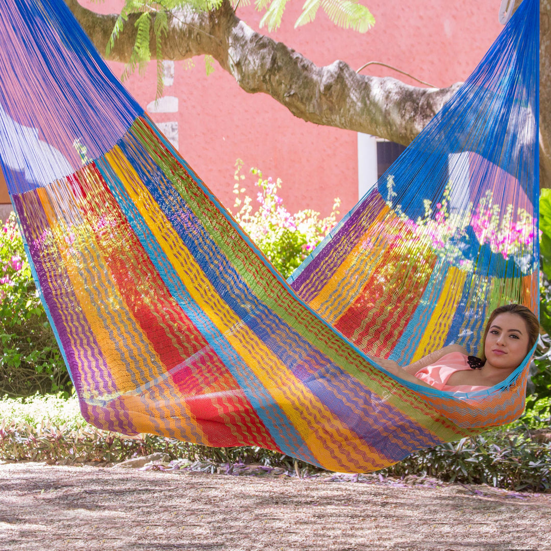 Hand Crafted Multi-Color Striped Nylon Double-Sized Hammock - Beach Breeze