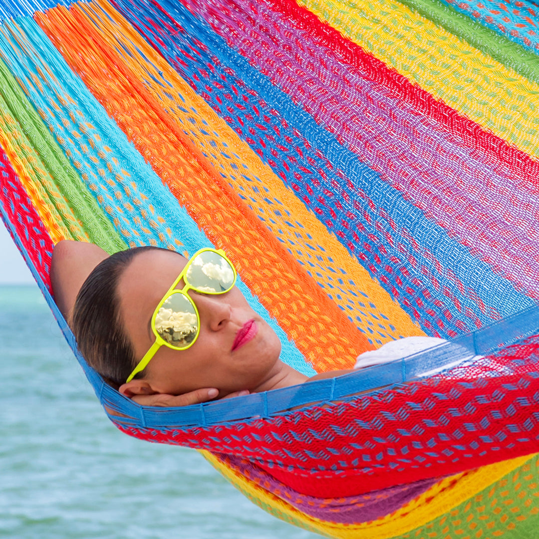 Hand Crafted Multi-Color Striped Nylon Double-Sized Hammock - Beach Breeze