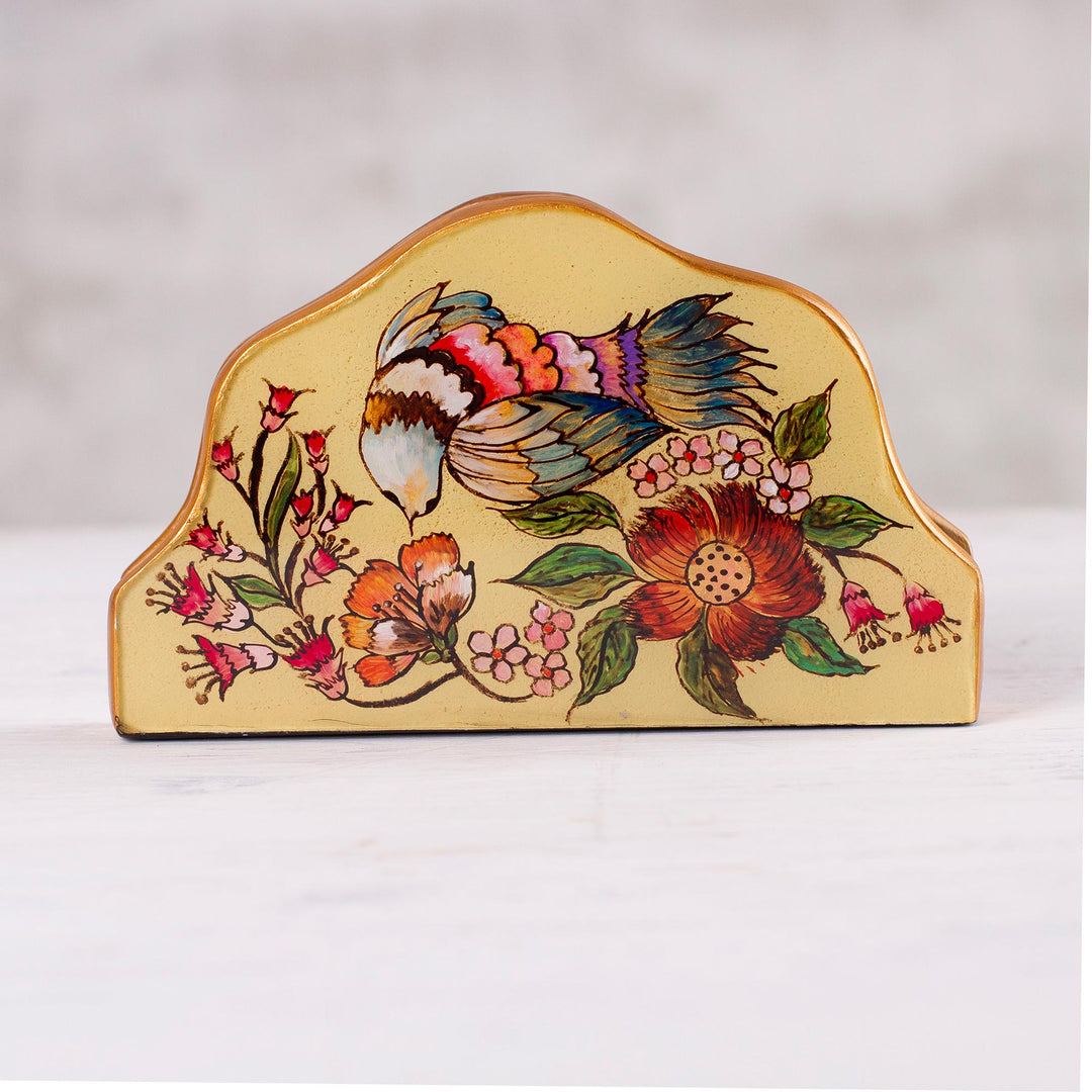 Bird-Themed Reverse Painted Glass Napkin Holder from Peru - Floral Nectar