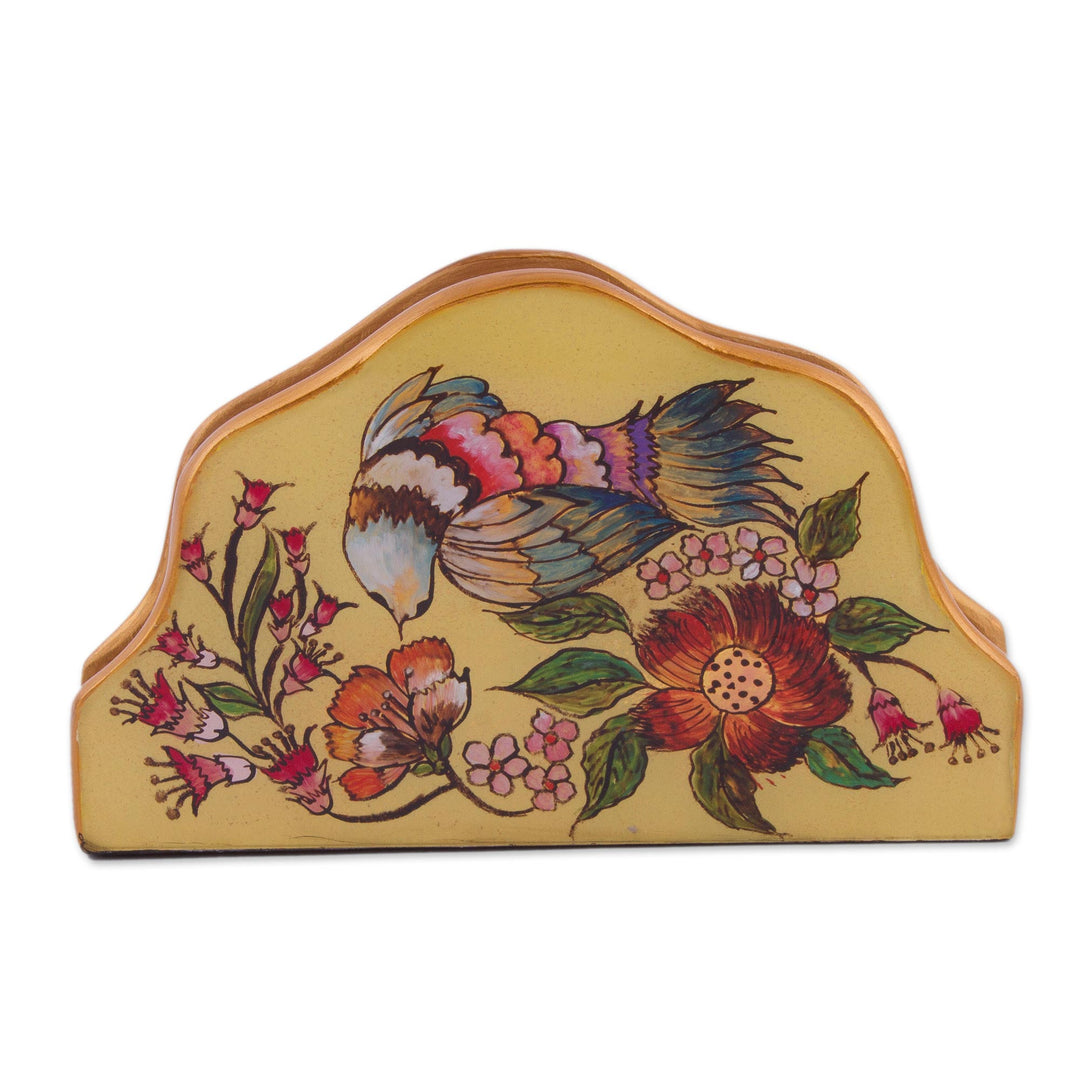 Bird-Themed Reverse Painted Glass Napkin Holder from Peru - Floral Nectar