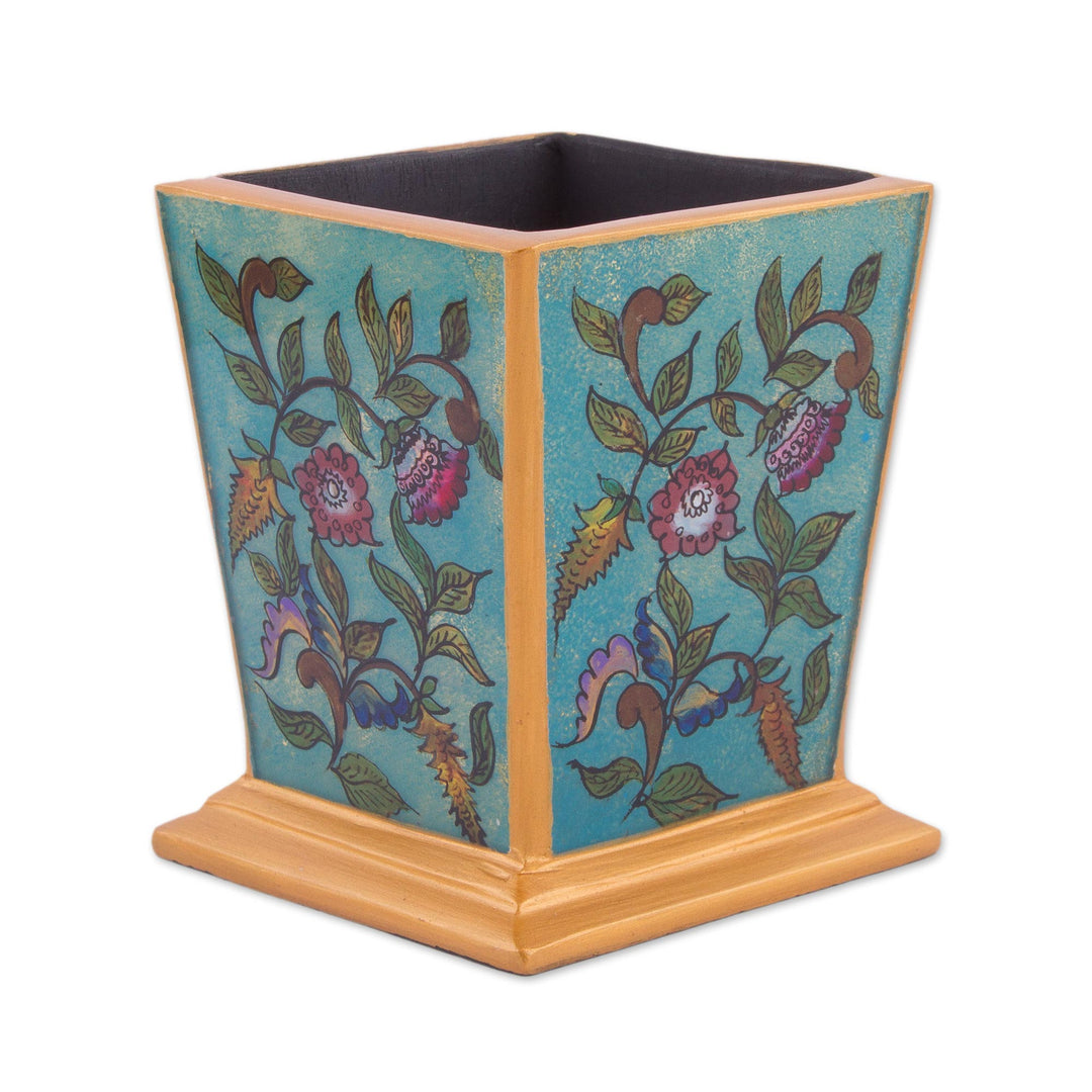 Handcrafted Reverse-Painted Glass Pencil Holder from Peru - Flowering Companion
