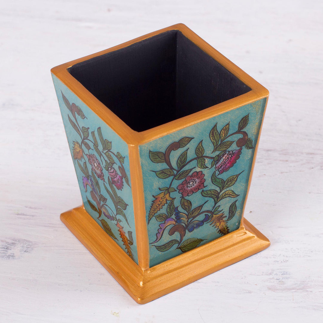 Handcrafted Reverse-Painted Glass Pencil Holder from Peru - Flowering Companion