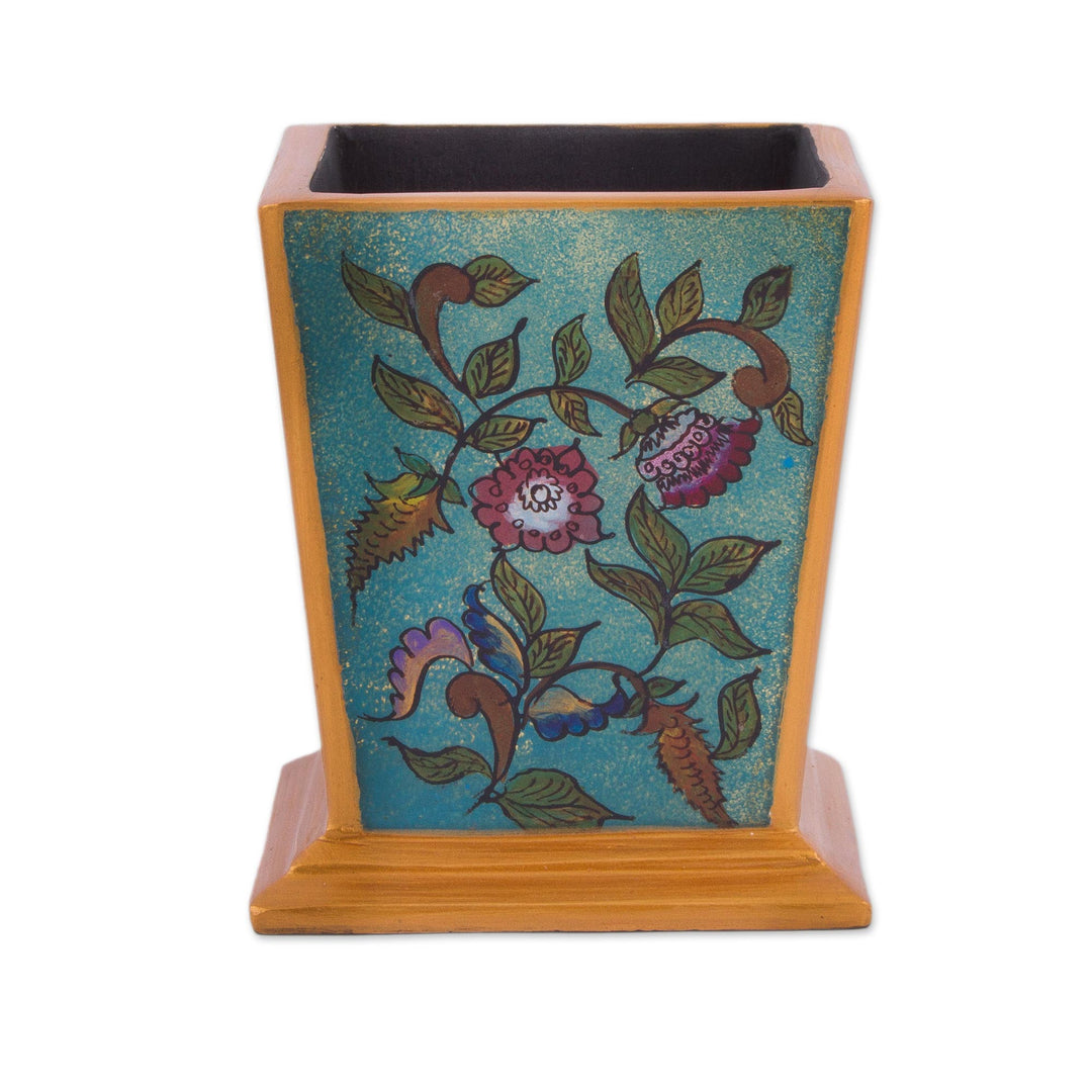 Handcrafted Reverse-Painted Glass Pencil Holder from Peru - Flowering Companion
