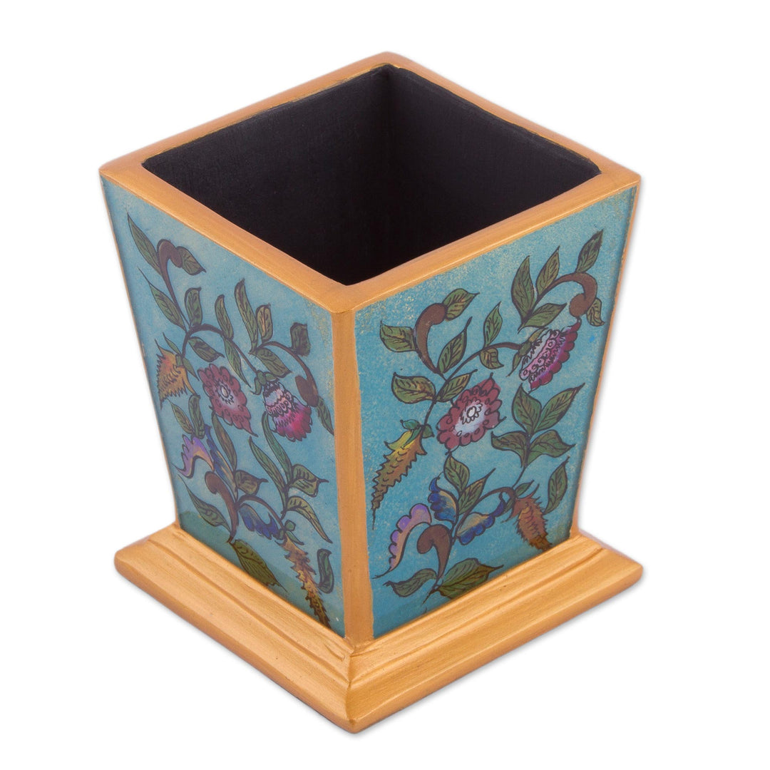 Handcrafted Reverse-Painted Glass Pencil Holder from Peru - Flowering Companion