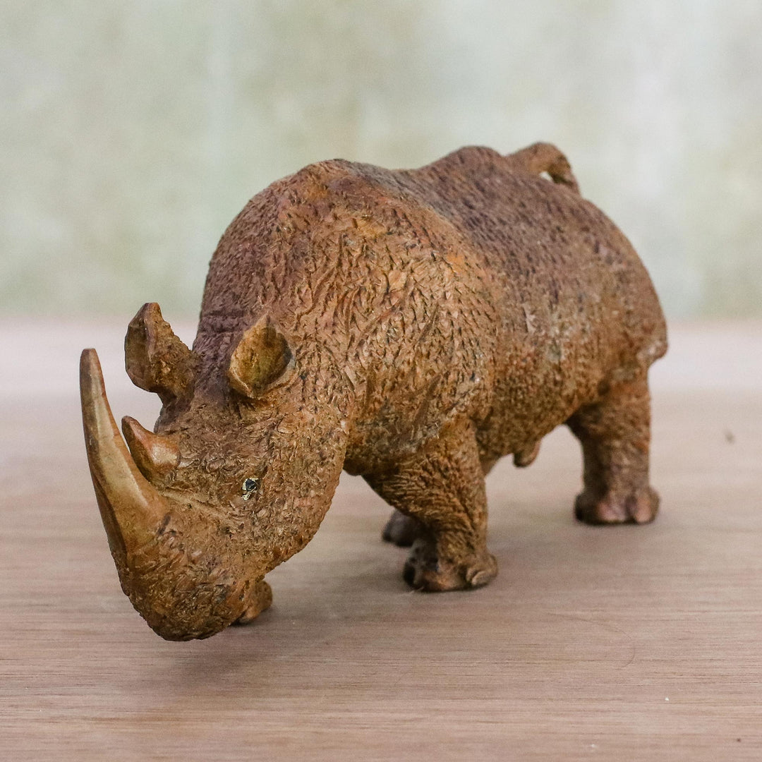 Rhinoceros Sculpture Hand Carved from Raintree Wood - Rhino on the Move