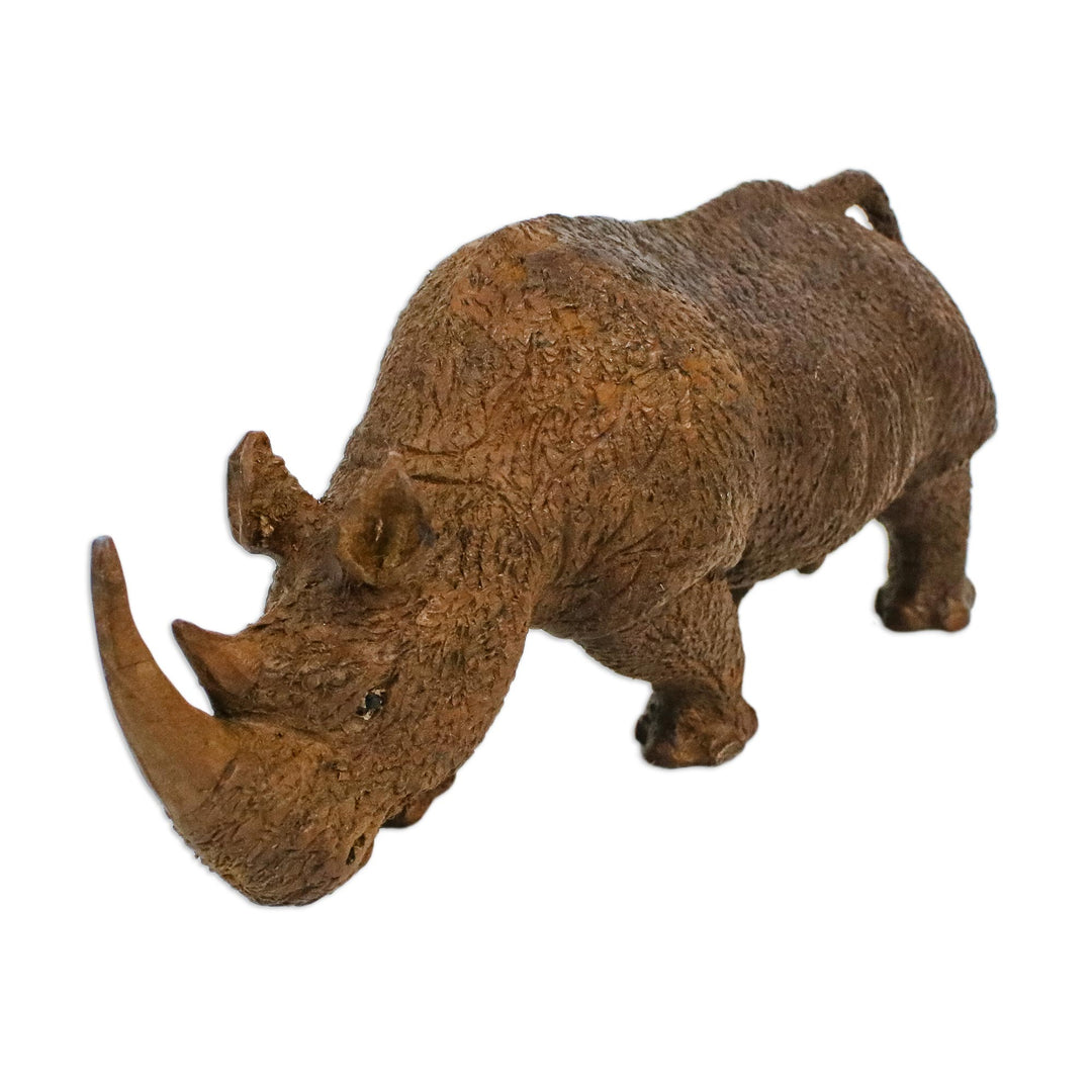 Rhinoceros Sculpture Hand Carved from Raintree Wood - Rhino on the Move