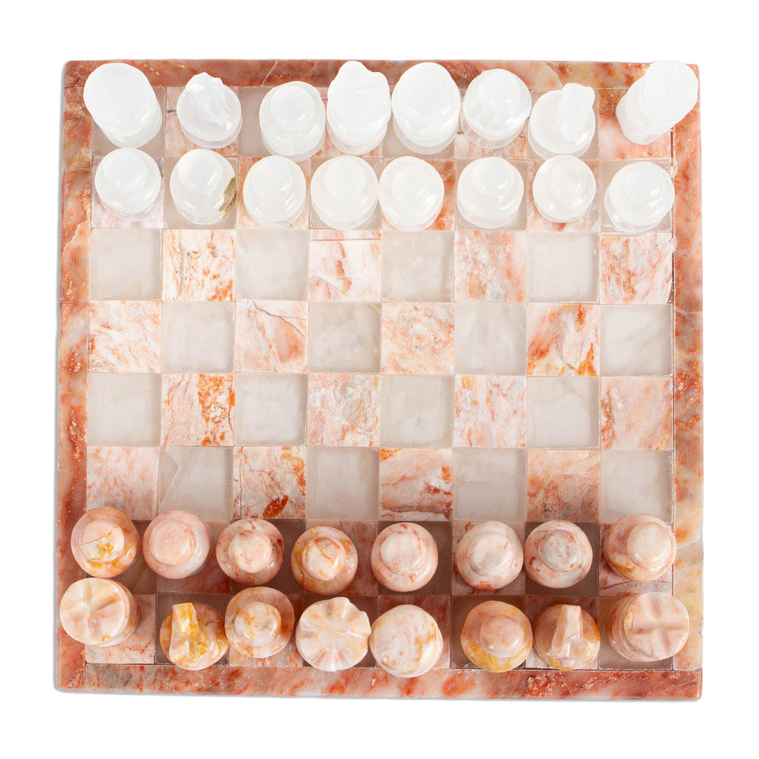 Onyx and Marble Chess Set in Pink and Ivory from Mexico - Pink and Ivory Challenge
