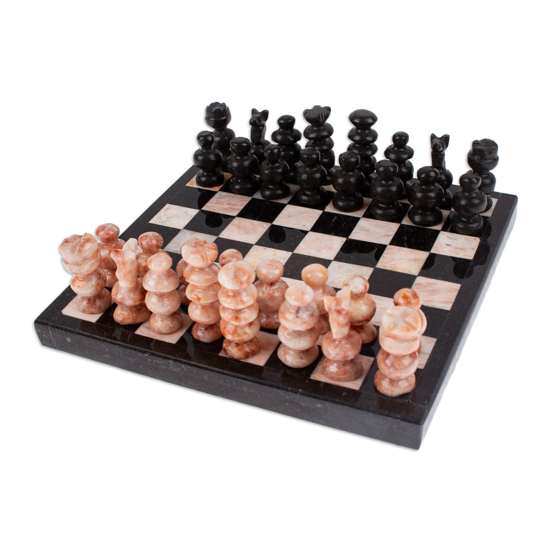 Marble Chess Set in Black and Pink from Mexico - Black and Pink Challenge