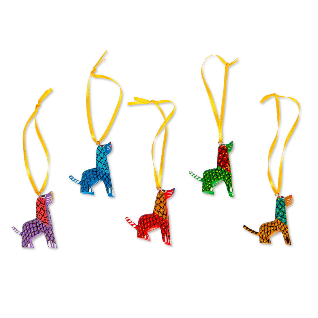 Painted Wood Alebrije Dog Ornaments (Set of 5) from Mexico - Sweet Puppies