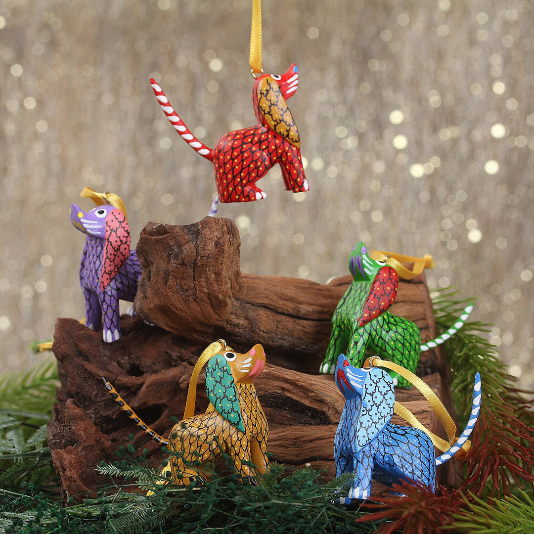 Painted Wood Alebrije Dog Ornaments (Set of 5) from Mexico - Sweet Puppies